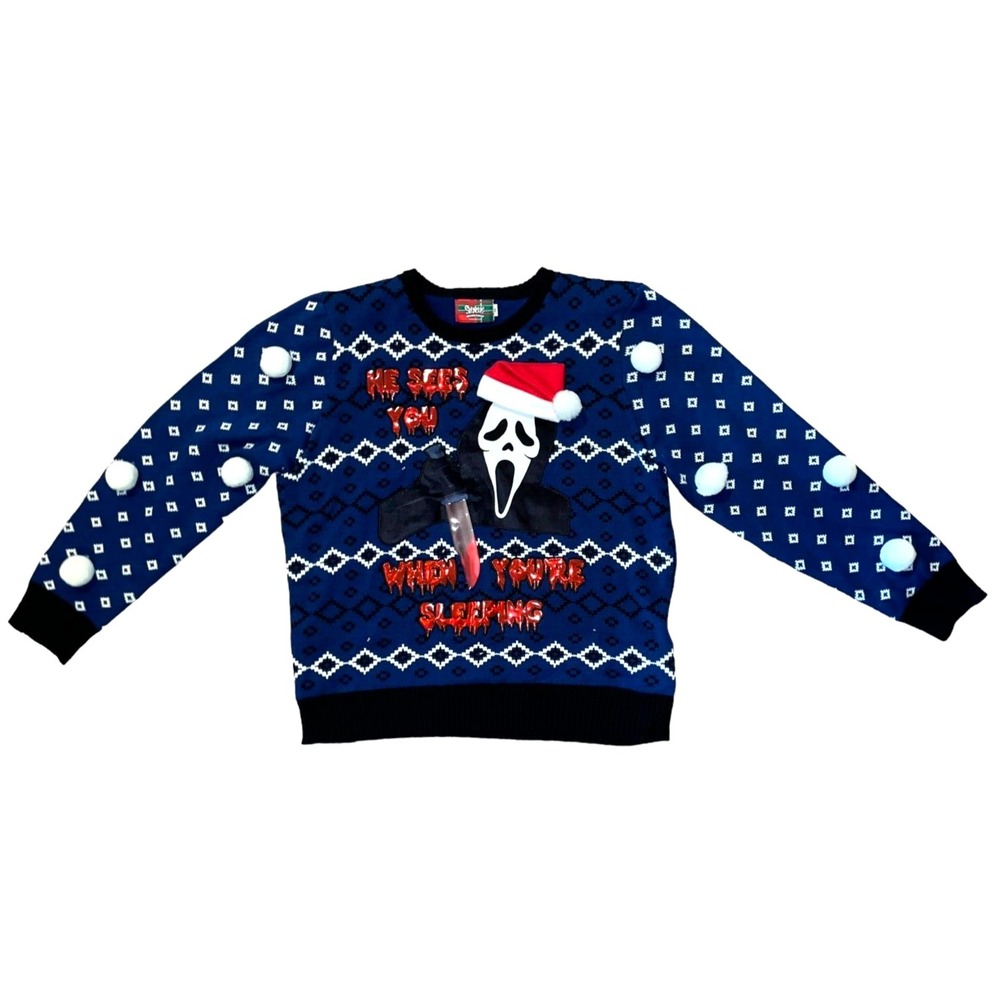 Scream Sweater Men XXL Christmas Ghost Face Santa Hat LIGHTS SOUNDS VIDEO